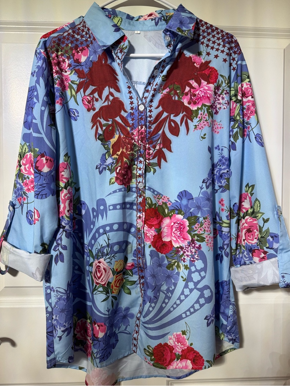 Light Blue Pink Roses Floral Button-Up Tunic Shirt